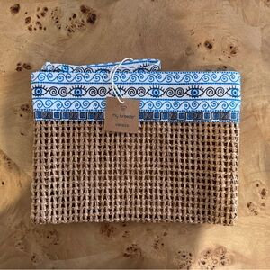 Tan and Blue Rattan Clutch